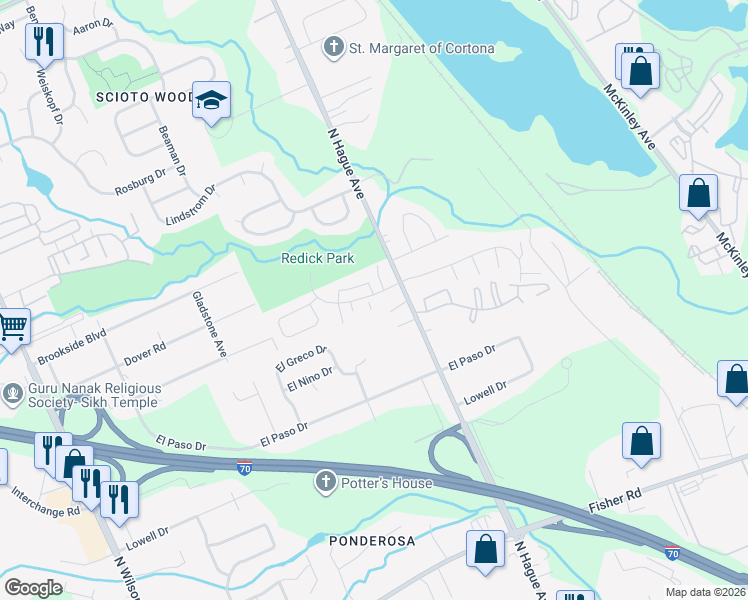 map of restaurants, bars, coffee shops, grocery stores, and more near 3021 La Vista Drive in Columbus