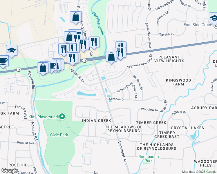 map of restaurants, bars, coffee shops, grocery stores, and more near 168 Reynoldsburg - New Albany Road in Blacklick
