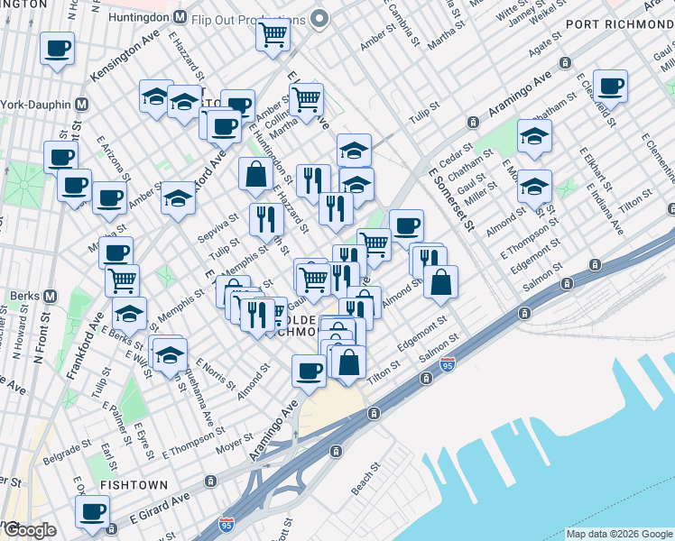 map of restaurants, bars, coffee shops, grocery stores, and more near 2436 East Hazzard Street in Philadelphia