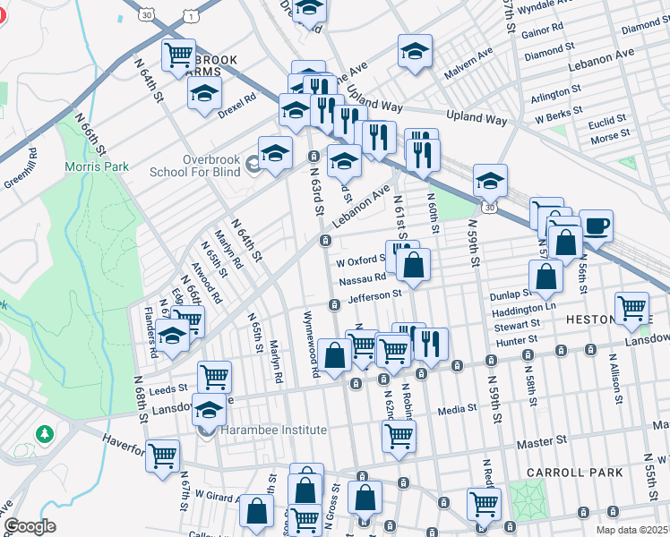 map of restaurants, bars, coffee shops, grocery stores, and more near 931 North 63rd Street in Philadelphia