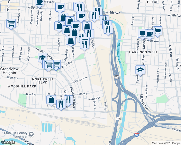 map of restaurants, bars, coffee shops, grocery stores, and more near 850 Williams Ave in Columbus