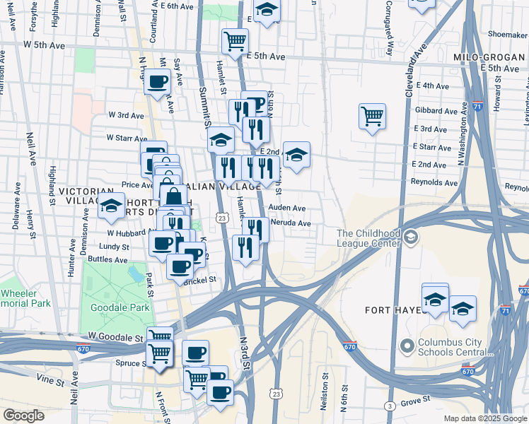 map of restaurants, bars, coffee shops, grocery stores, and more near 818 North 4th Street in Columbus