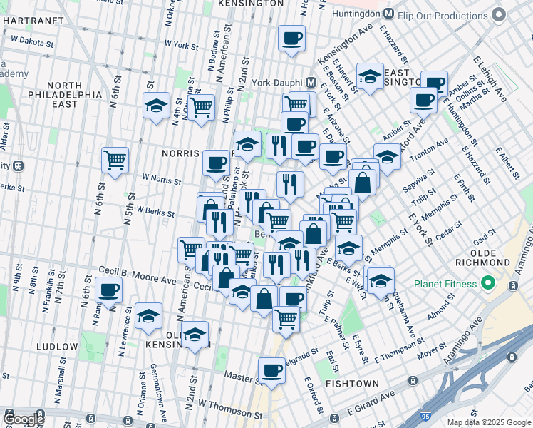 map of restaurants, bars, coffee shops, grocery stores, and more near 1932 North Howard Street in Philadelphia