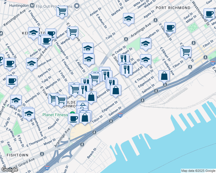 map of restaurants, bars, coffee shops, grocery stores, and more near 2548 East Lehigh Avenue in Philadelphia