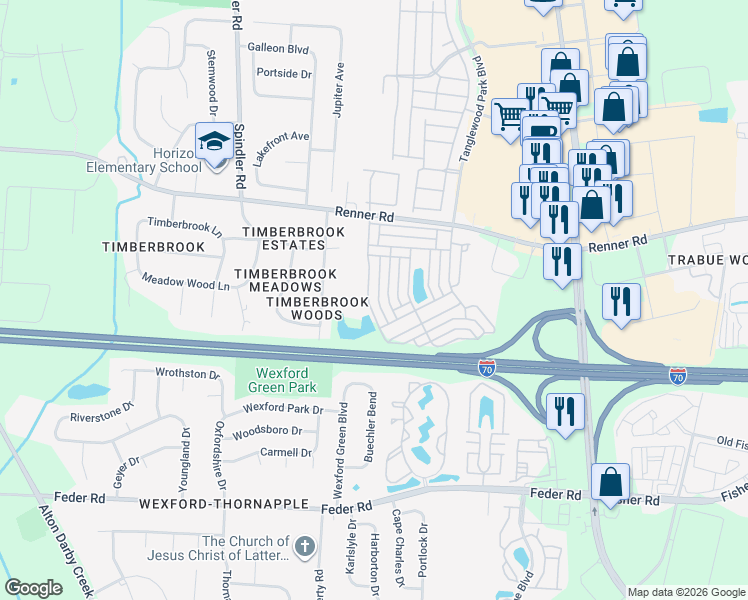 map of restaurants, bars, coffee shops, grocery stores, and more near 1396 Bellow Falls Place in Columbus
