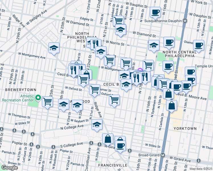map of restaurants, bars, coffee shops, grocery stores, and more near 2001 Nicholas Street in Philadelphia