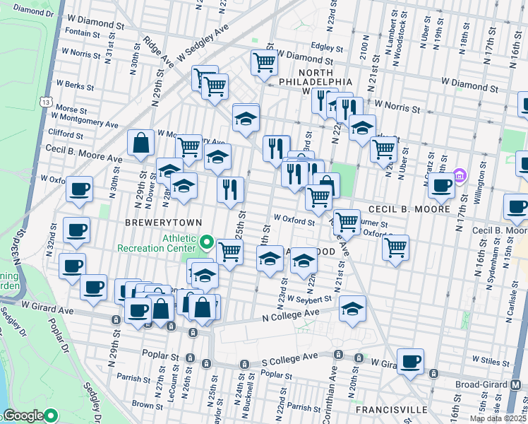 map of restaurants, bars, coffee shops, grocery stores, and more near 2407 West Oxford Street in Philadelphia