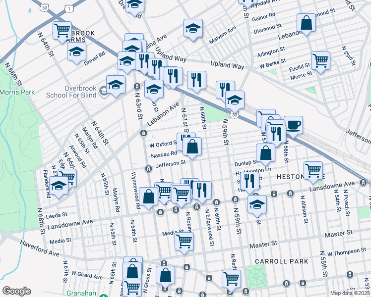 map of restaurants, bars, coffee shops, grocery stores, and more near 6105 Nassau Road in Philadelphia
