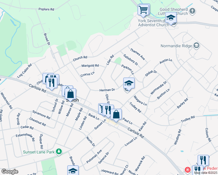 map of restaurants, bars, coffee shops, grocery stores, and more near 1995 Elim Street in Shiloh