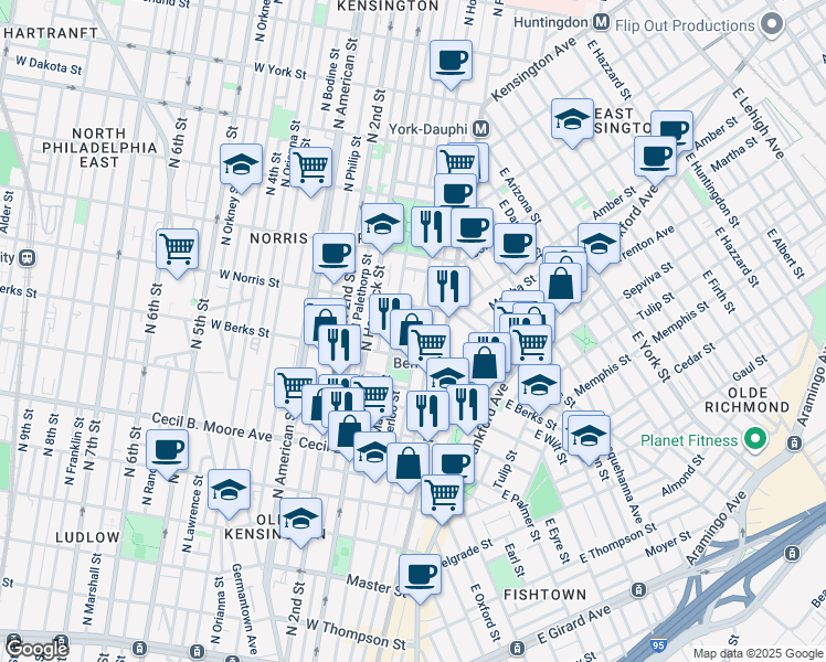 map of restaurants, bars, coffee shops, grocery stores, and more near 1932 North Howard Street in Philadelphia