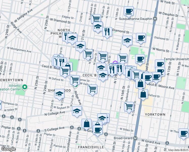 map of restaurants, bars, coffee shops, grocery stores, and more near in Philadelphia