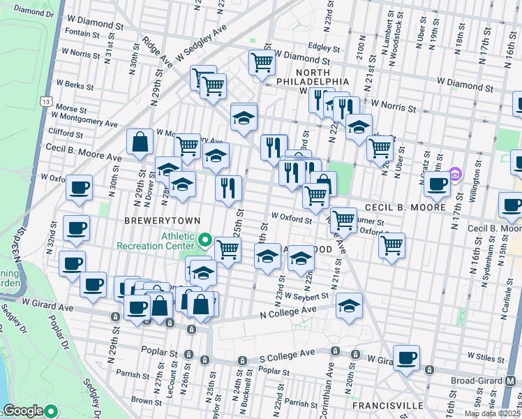 map of restaurants, bars, coffee shops, grocery stores, and more near 2409 West Oxford Street in Philadelphia