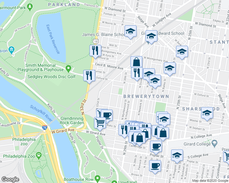 map of restaurants, bars, coffee shops, grocery stores, and more near 1501 North 31st Street in Philadelphia