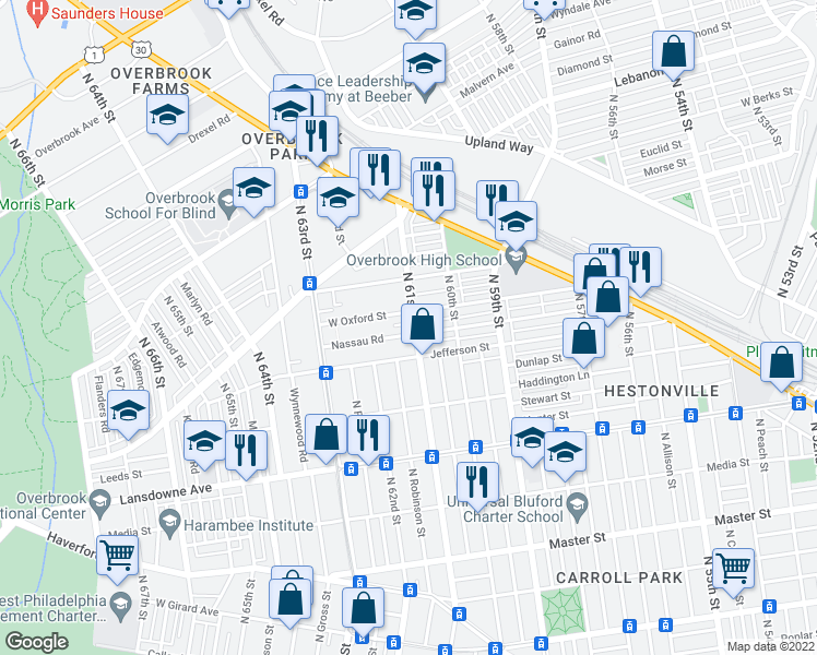 map of restaurants, bars, coffee shops, grocery stores, and more near 6207 West Jefferson Street in Philadelphia