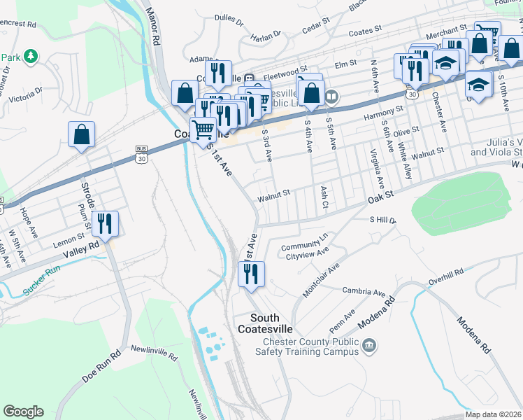 map of restaurants, bars, coffee shops, grocery stores, and more near 219 South 1st Avenue in Coatesville