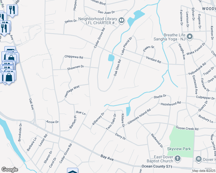 map of restaurants, bars, coffee shops, grocery stores, and more near 102 Oak Glen Road in Toms River