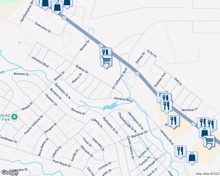 map of restaurants, bars, coffee shops, grocery stores, and more near 27 Biabou Drive in Toms River