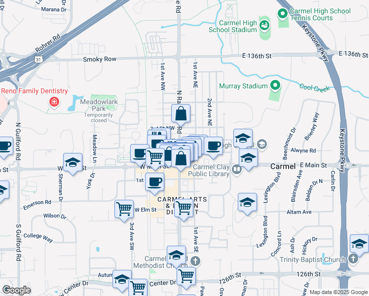 map of restaurants, bars, coffee shops, grocery stores, and more near 121 North Rangeline Road in Carmel