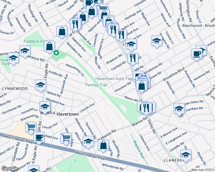 map of restaurants, bars, coffee shops, grocery stores, and more near 108 Yale Road in Havertown