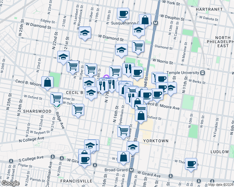 map of restaurants, bars, coffee shops, grocery stores, and more near 1700 North 16th Street in Philadelphia