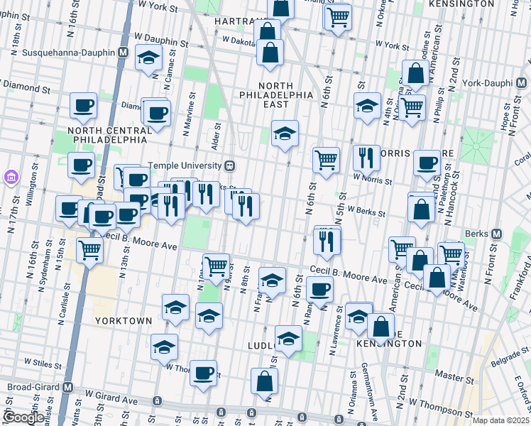 map of restaurants, bars, coffee shops, grocery stores, and more near 1816 North Franklin Street in Philadelphia