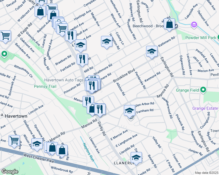 map of restaurants, bars, coffee shops, grocery stores, and more near 111 Brookline Boulevard in Havertown
