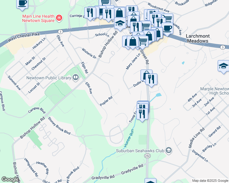 map of restaurants, bars, coffee shops, grocery stores, and more near 145 Poplar Road in Newtown Square