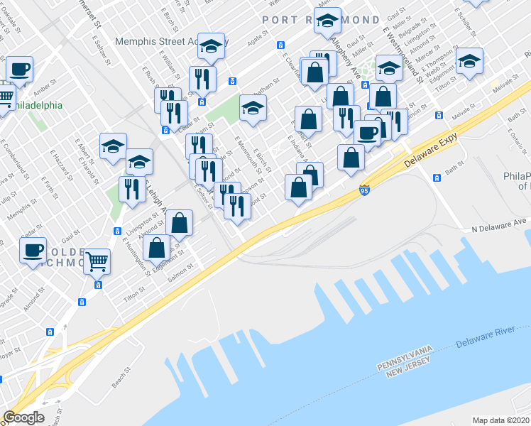 map of restaurants, bars, coffee shops, grocery stores, and more near 2722 East Cambria Street in Philadelphia
