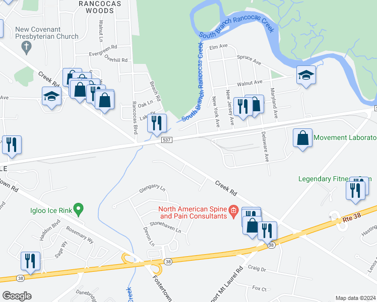 map of restaurants, bars, coffee shops, grocery stores, and more near 2835 Creek Rd in Hainesport