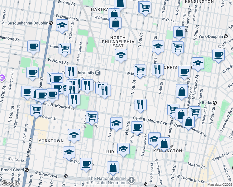 map of restaurants, bars, coffee shops, grocery stores, and more near 1809 North Franklin Street in Philadelphia