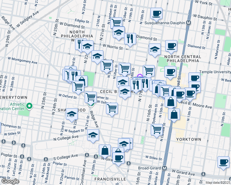 map of restaurants, bars, coffee shops, grocery stores, and more near in Philadelphia