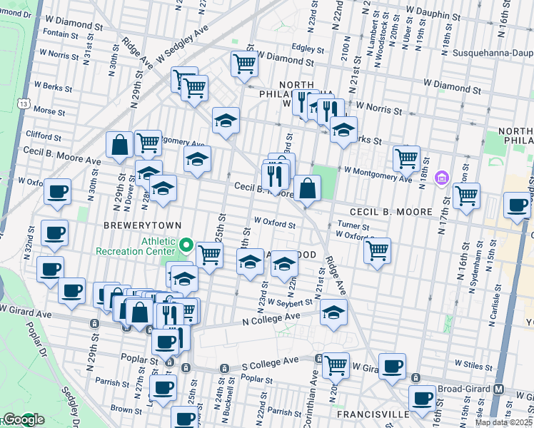 map of restaurants, bars, coffee shops, grocery stores, and more near in Philadelphia