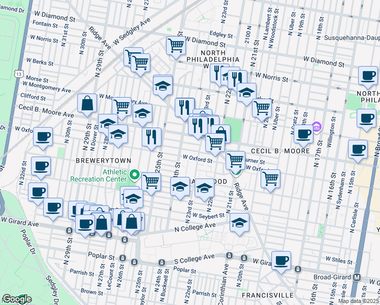 map of restaurants, bars, coffee shops, grocery stores, and more near 2324 Turner Street in Philadelphia