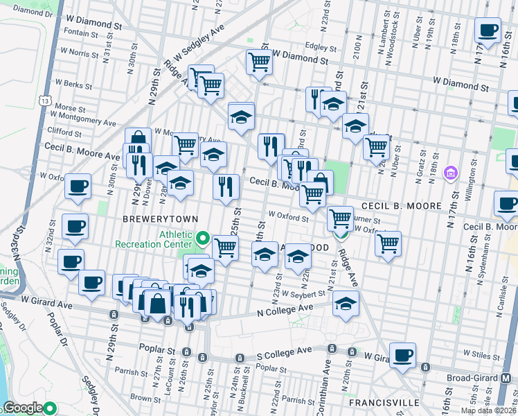 map of restaurants, bars, coffee shops, grocery stores, and more near in Philadelphia