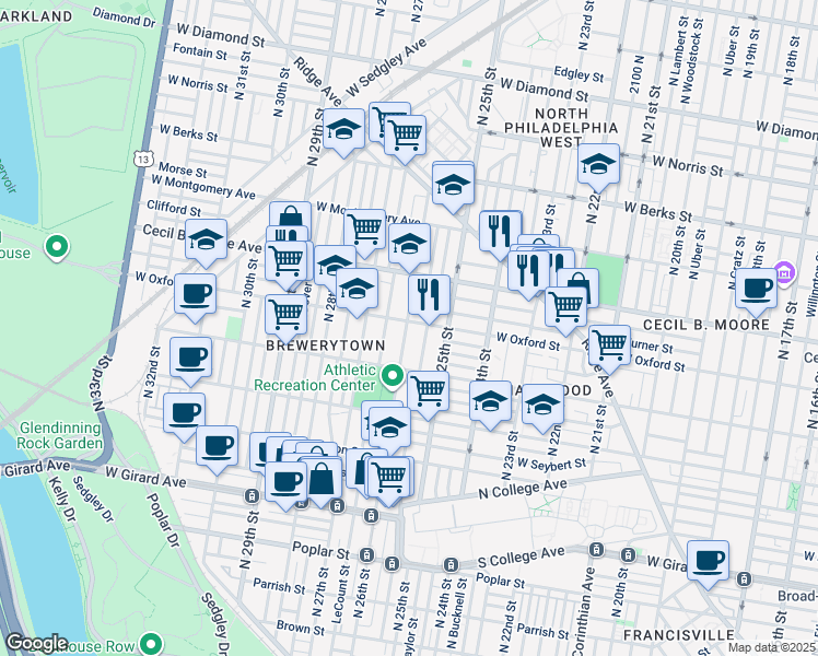 map of restaurants, bars, coffee shops, grocery stores, and more near 2544 West Oxford Street in Philadelphia