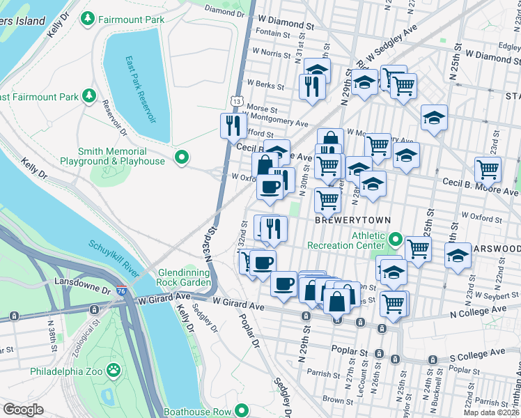 map of restaurants, bars, coffee shops, grocery stores, and more near 3001 West Jefferson Street in Philadelphia