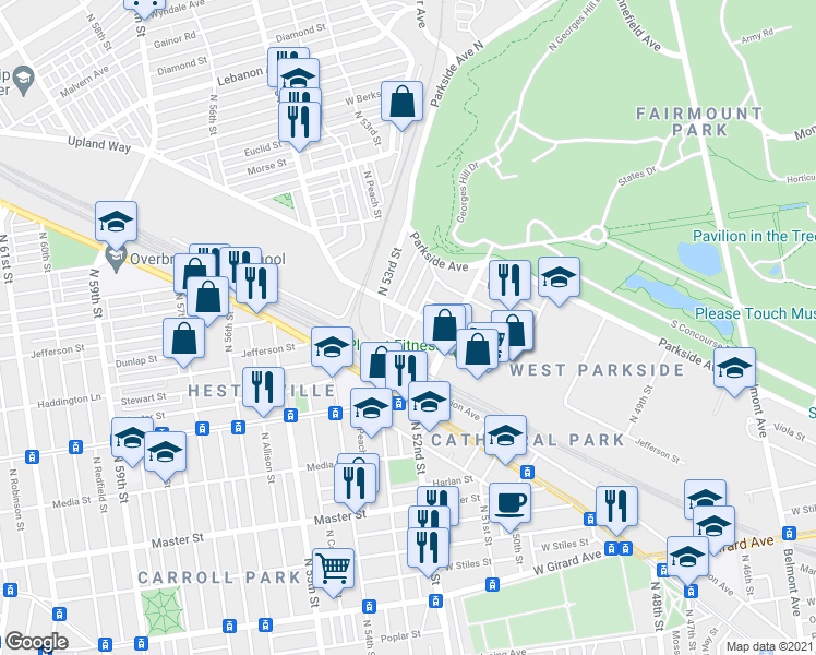 map of restaurants, bars, coffee shops, grocery stores, and more near 5228 Jefferson Street in Philadelphia