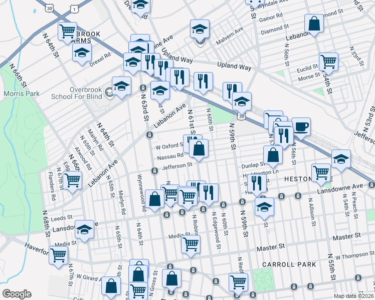 map of restaurants, bars, coffee shops, grocery stores, and more near 6107 Nassau Road in Philadelphia