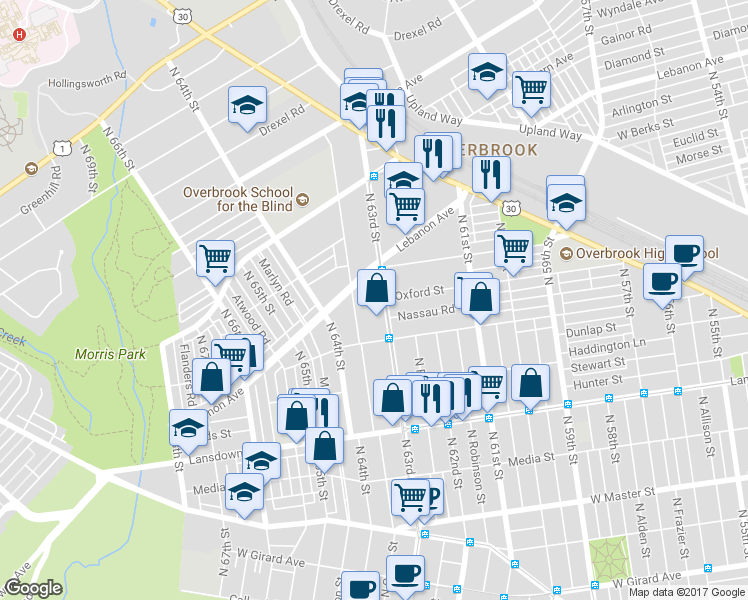 map of restaurants, bars, coffee shops, grocery stores, and more near 927 Wynnewood Road in Philadelphia