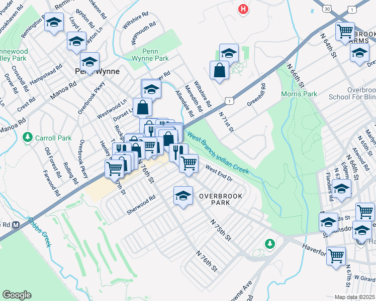 map of restaurants, bars, coffee shops, grocery stores, and more near 7317 Greenhill Road in Philadelphia