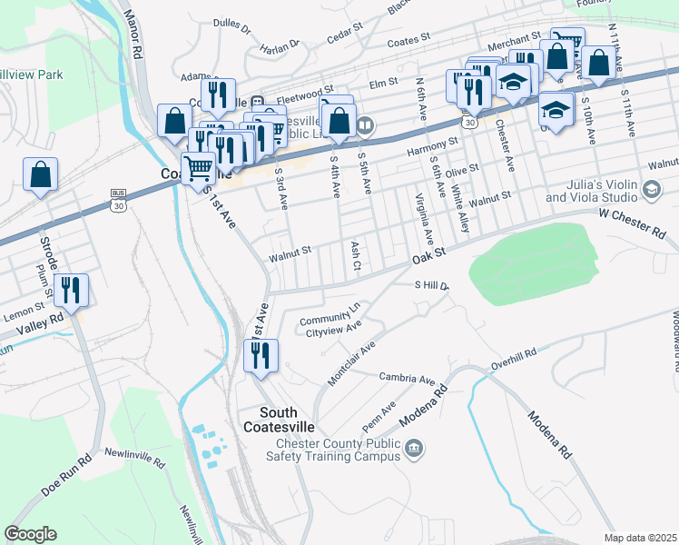 map of restaurants, bars, coffee shops, grocery stores, and more near 153 Rosemont Avenue in Coatesville