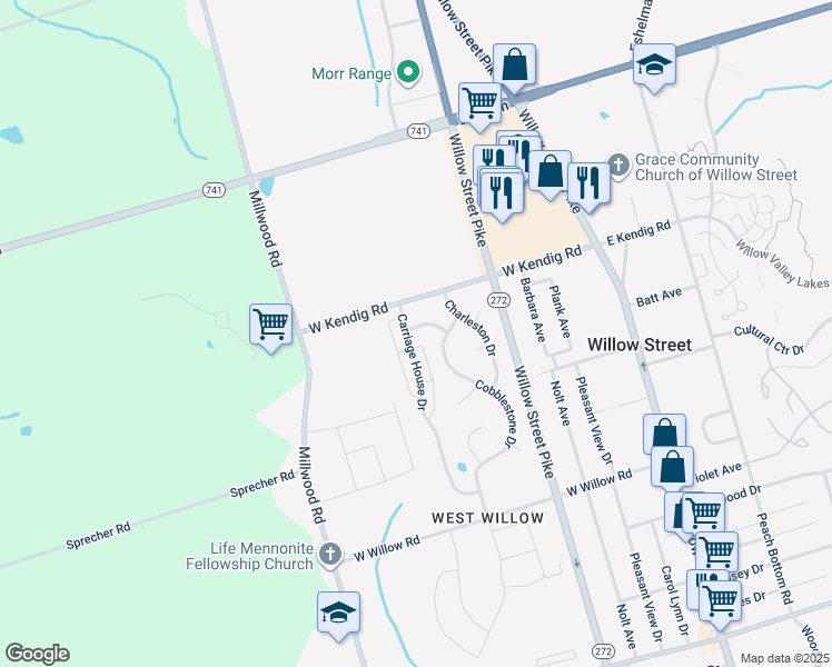map of restaurants, bars, coffee shops, grocery stores, and more near 25 Carriage House Drive in Willow Street