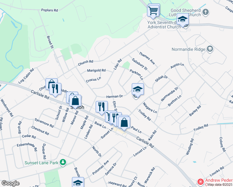 map of restaurants, bars, coffee shops, grocery stores, and more near 1995 Elim Street in Shiloh