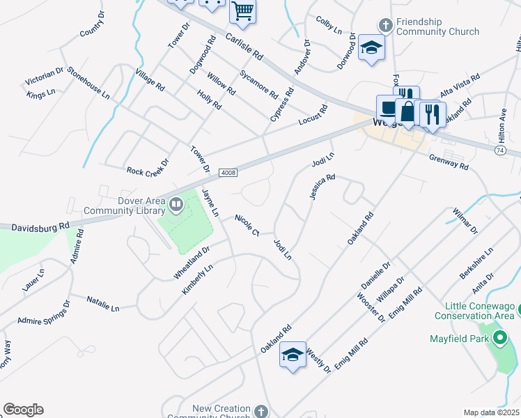 map of restaurants, bars, coffee shops, grocery stores, and more near 3130 Cypress Road South in Dover