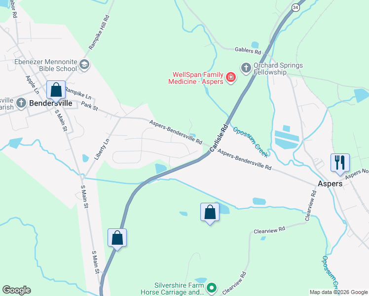 map of restaurants, bars, coffee shops, grocery stores, and more near 30 McIntosh Lane in Aspers