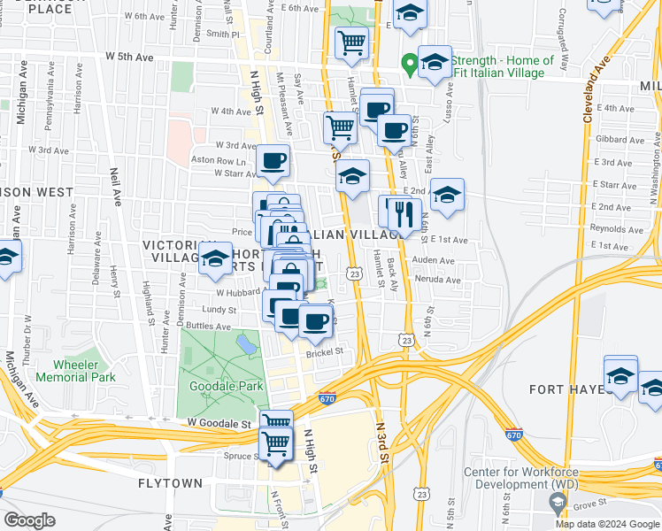 map of restaurants, bars, coffee shops, grocery stores, and more near 819 Summit Street in Columbus