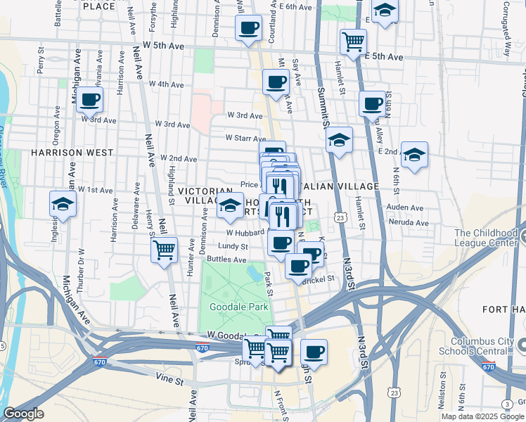 map of restaurants, bars, coffee shops, grocery stores, and more near 846 Park Street in Columbus