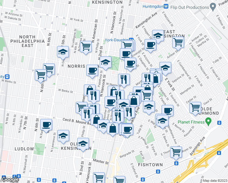map of restaurants, bars, coffee shops, grocery stores, and more near 1934 North Howard Street in Philadelphia