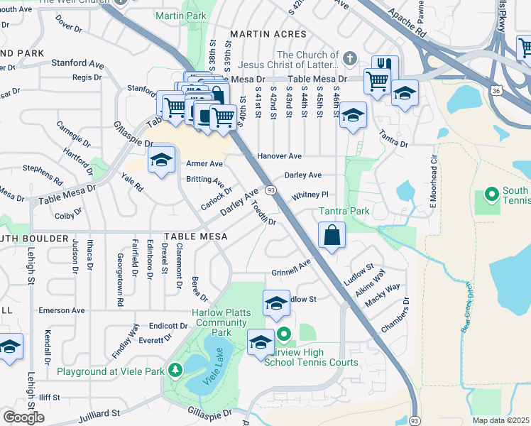 map of restaurants, bars, coffee shops, grocery stores, and more near 1020 Toedtli Drive in Boulder