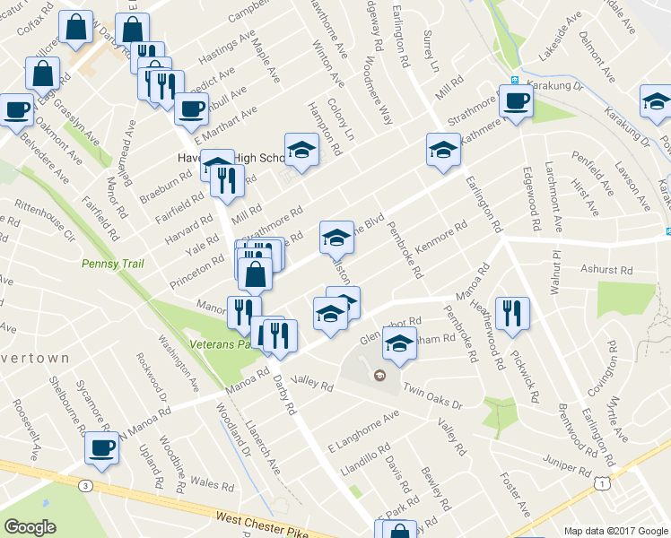 map of restaurants, bars, coffee shops, grocery stores, and more near 1202 Allston Road in Havertown